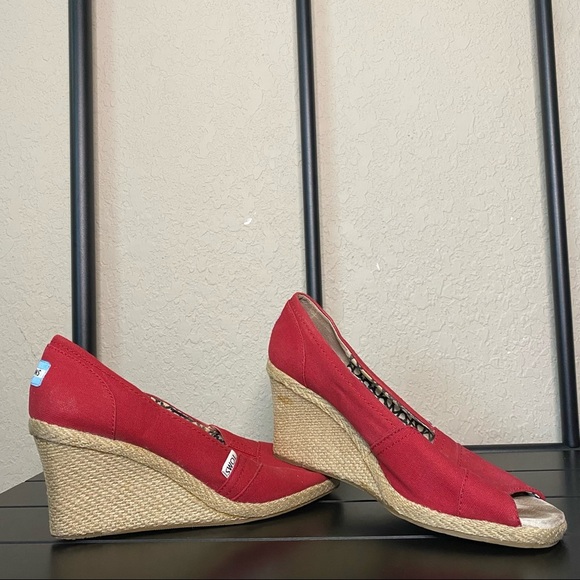 TOMS Red Espadrille Wedge Heels-Womens 11 - Picture 1 of 8